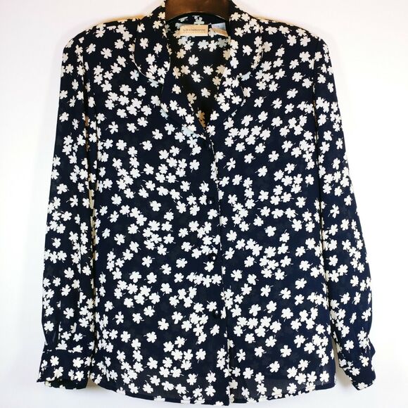 Liz Claiborne Collection Sz 6 Blouse navy blue white clover pattern lucky - Picture 1 of 4